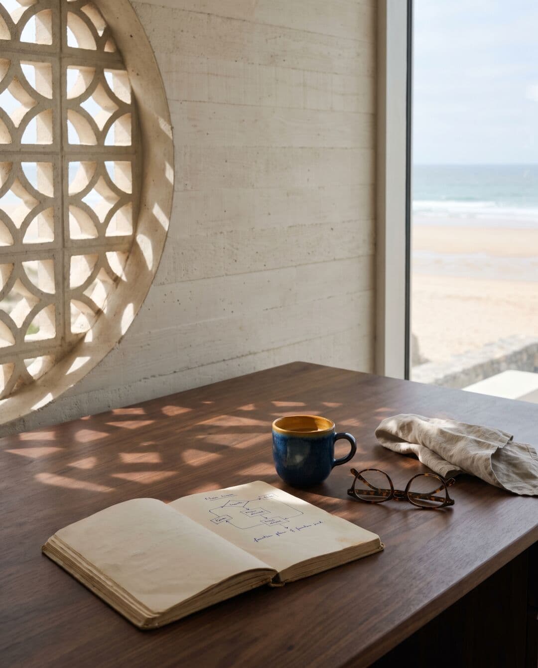 Quaderno aperto su una scrivania in noce con una tazza in ceramica e occhiali, davanti a una claustra rotonda e alla spiaggia